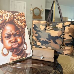 2 Fer set Michael Kors Camo Tote with Gold MK Charm - Olive, Tan & Black